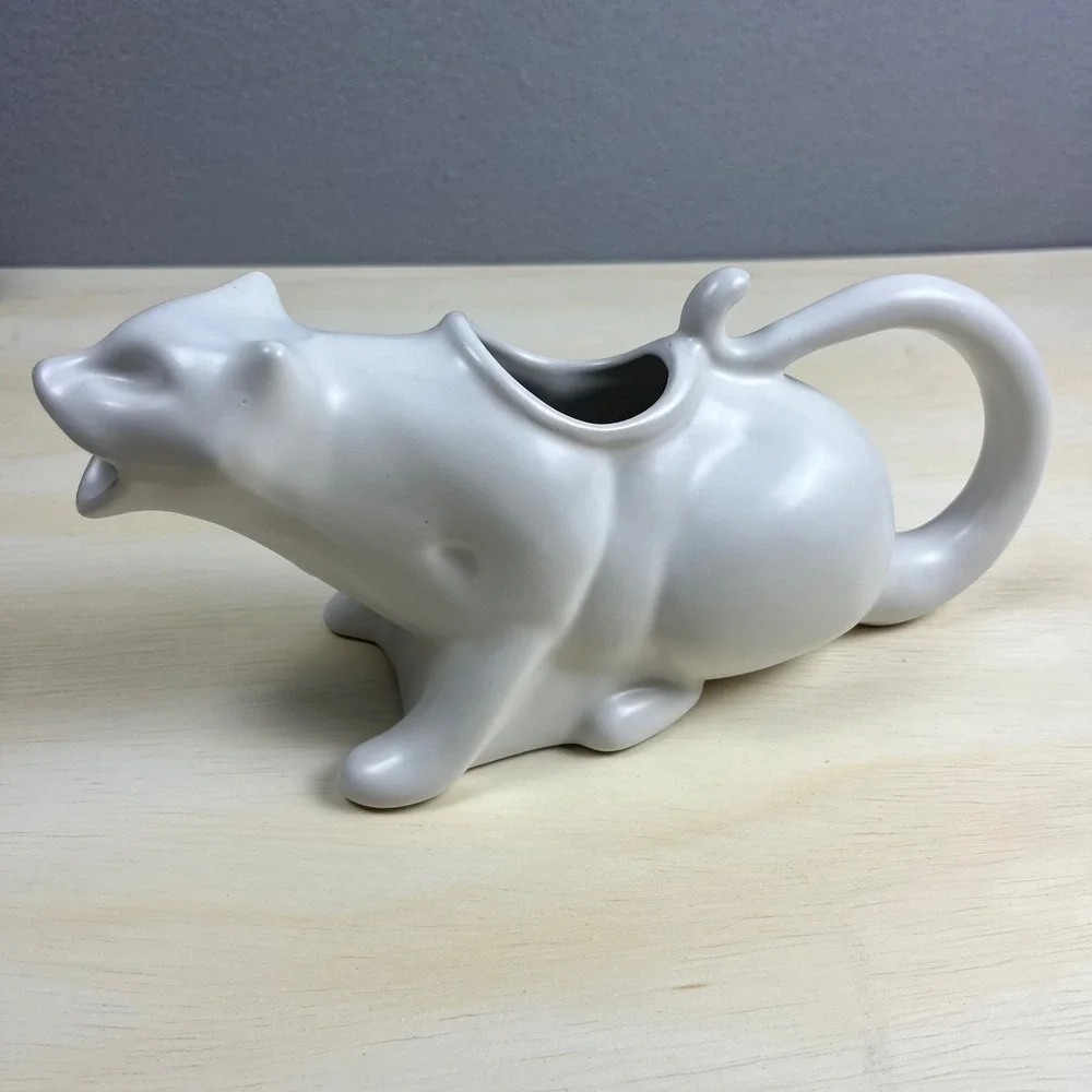Puking Kitty Gravy Boat White Ceramic Novelty Cat Sauce Pitcher Humor Gift